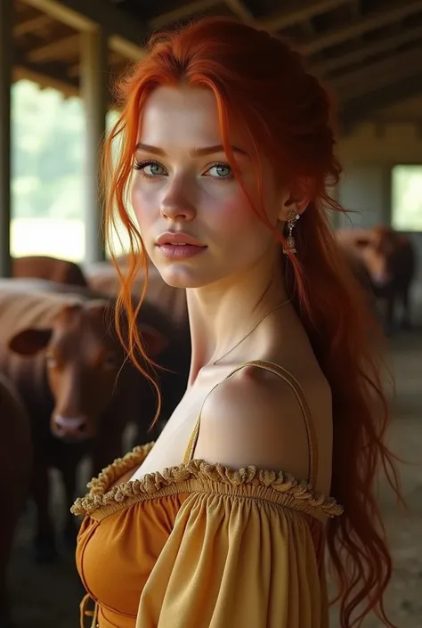 (photorealism:1.2), beautiful woman, medieval pesant clothing, wearing loose off-shoulder top, , red tied hair, stables, soft lighting, cattle in background, sunlight, relaxed pose, hyper realistic, intricate details, warm colors, by Greg Rutkowski, by Alp...