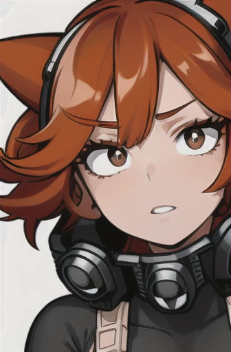 horikoshi kouhei, adult woman, round face, brown almond shaped eyes, long lashes, auburn medium hair, spiky orange left side bang hair strands, black bodysuit with orange details, long sleeves, black eye mask for both eyes, white background, boku no hero a...