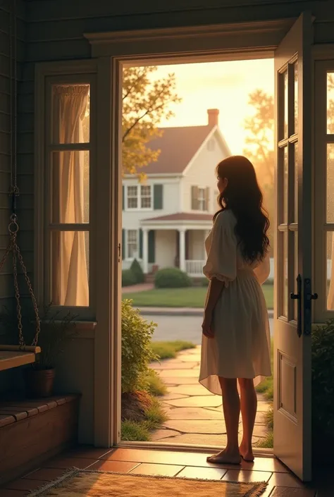 Eva standing at the entrance of her childhood home, looking back one last time before walking away.





