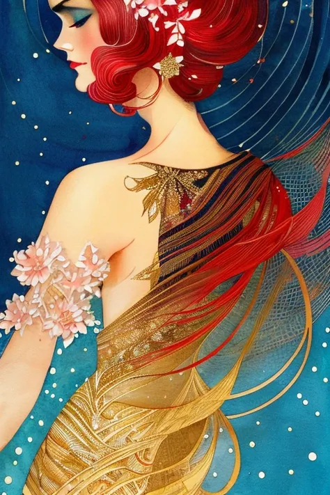 Beautiful woman wearing a multilayered dress, slight smile, light hair, watercolor splash, intricate gold leaf decoration, red and black dress layers, Harrison Fisher and Catrin Welz-Stein, pen and ink lines, calligraphic lines, elegant hairdo, vivid colou...