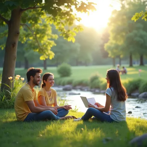 happy confident calm back people purchasing health insurance outdoors sitting on grass in a park near a stream

