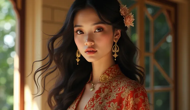 (photorealism:1.2), beautiful woman, 1girl, full body to legs, little smile,  elegant javanese woman, detailed kebaya dress, intricate batik pattern, ornate golden accents, flowing hair, serene expression, beautiful detailed eyes, beautiful detailed lips, ...