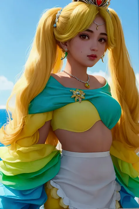 Brazilian princess peach, green yellow and blue, very tanskinned