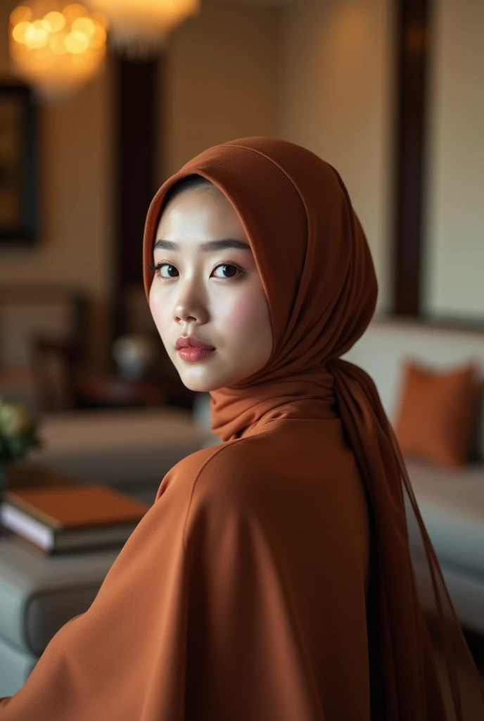 Korean girl with hijab in hotel