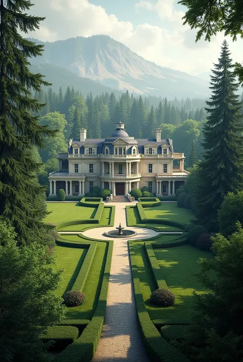 A wide shot of a luxurious, peaceful estate surrounded by lush green forest.





