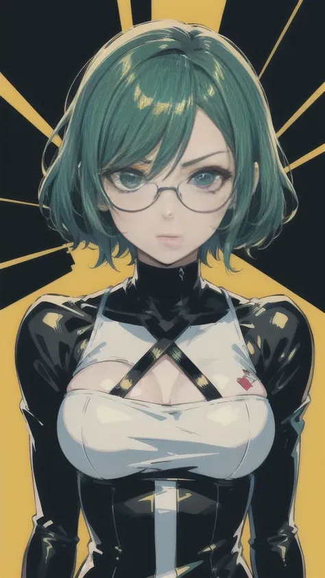 Anime-style character portrait,(Strong bold outline:1.4),(masterpiece, best quality,high resolution:1.4), bird eye, rugged,  girl with  short green hair and glasses ,  Clear and dark shadows, sketch, flatcolor, colorful, vintage,solo, focus to face, from f...