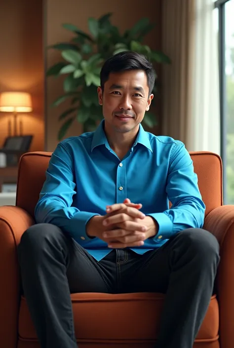 An Indonesian man with short hair shirt shirt in dodger blue color black jeans wearing jan hand, sitting on a living room chair, living room background in a luxury house, hd quality