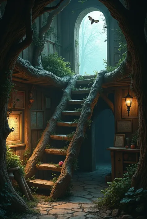 Ladder made of branches inside the witch&#39;s hut, on the wall there are mystical decorations, photographs and a live moth perched on it. The scene moves up the stairs 