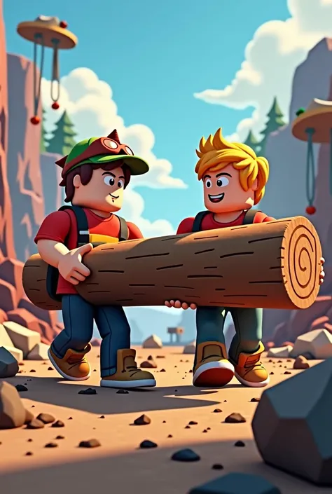 We are two Roblox characters carrying a log and we must carry it through difficult obstacles