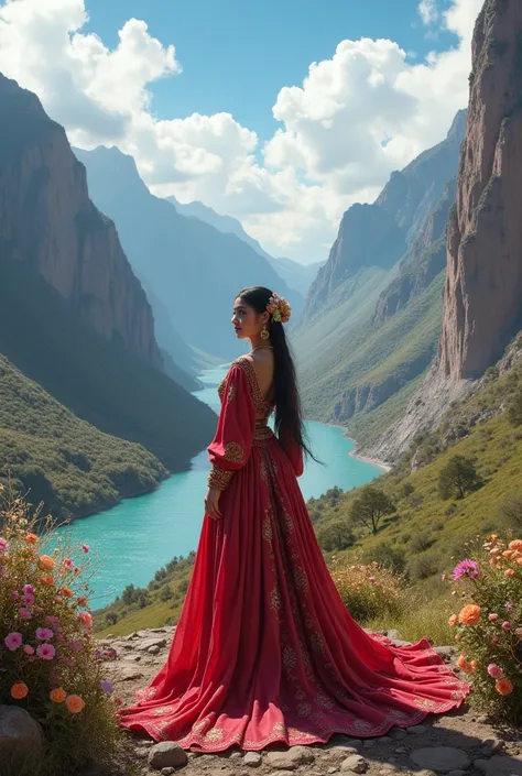 The princess appears in a mountainous landscape, with a traditional dress of vibrant colors. The background shows the Colca River winding through the mountains. The princess is surrounded by native flowers and local fauna. An air of serenity and harmony fi...