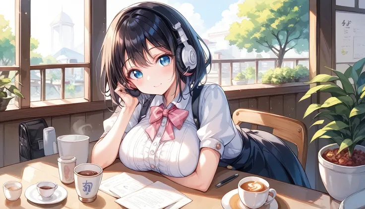 Score_9,Score_8_superior,Score_7_superior,8k, High resolution, 、beautiful girl, Light black hair, Thin Hair, Small face, cute、Best Quality,Japanese face、smile、Large Breasts、Small mole on the corner of the eye,((Puffy eyes))、Short Bob、Girl with headphones, ...