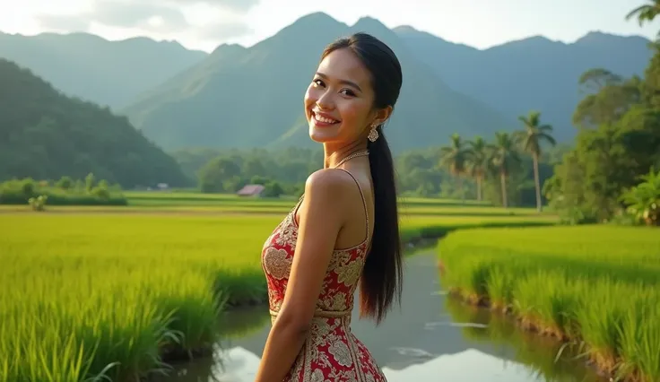 (photorealism:1.2), beautiful woman, 1girl, beautiful legs, little smile,  elegant javanese woman, detailed kebaya dress, rice field and mountain