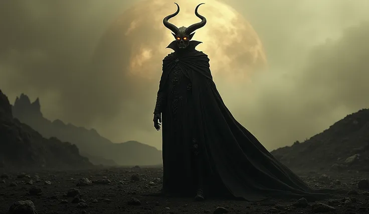 Surreal portrait of Satan standing in a barren, dark wasteland, his eyes burning with defiance, casting a shadow that spreads across the land, dreamlike and mystical atmosphere with rich colors, intricate details, DSLR, cinematic lighting, cinematic style,...