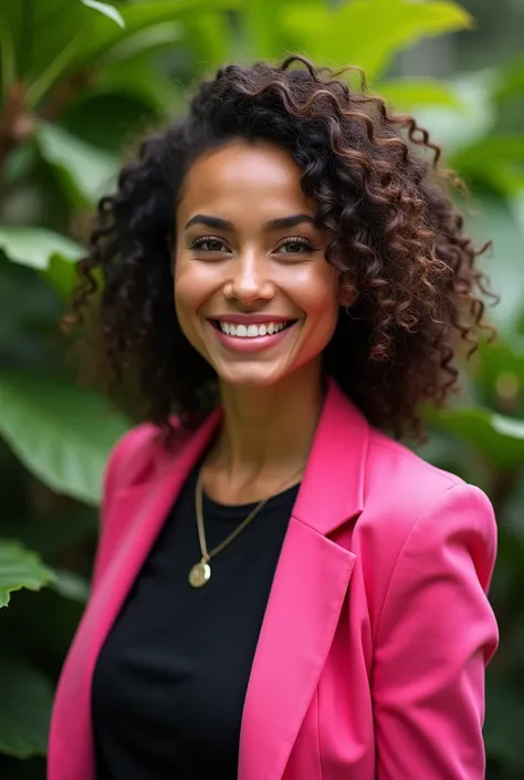 A Brazilian woman in a lush tropical garden, wearing a black shirt and pink blazer with a close-up capturing the harmonious beauty and natural flowers, showing off your natural charm and outgoing personality.