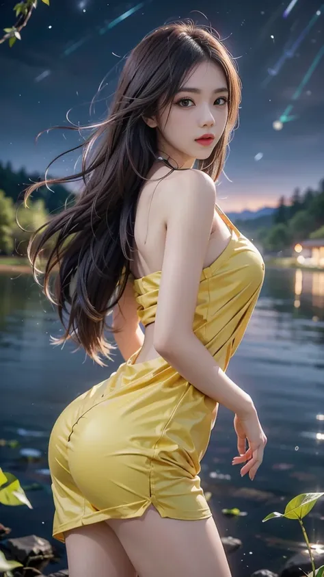 ulzzang-6500-v1.1, (RAW photo: 1.2), (Real photo), (Real photo: 1.4), 1 girl、Perfect anatomy、The girl stood by the lake, yellow leaves falling all around her. In one hand she held an unopened book, the other hand placed beside her, her eyes staring at the ...