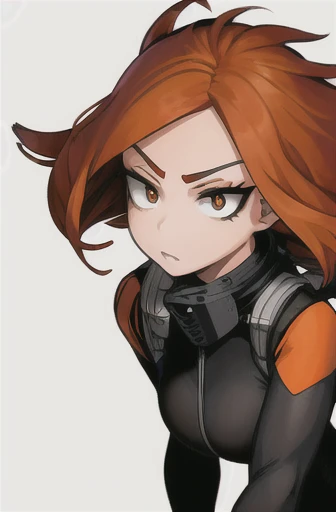 horikoshi kouhei, adult woman, round face, brown almond shaped eyes, long lashes, auburn medium hair, spiky orange left side bang hair strands, black bodysuit with orange details, long sleeves, black eye mask for both eyes, white background, boku no hero a...