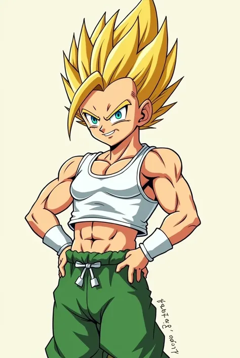 Create a gotenks fusion image,  wrong fusion, from the dragon ball z drawing, with white and green clothes 
