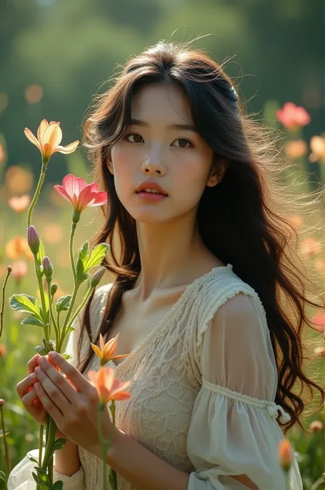 scene film of a beautiful woman korean with long hair picking wild flowers, stunning realistic, earth magic, infp girl, beautiful female druid,  with magical powers, wow so beautiful, unique beauty, beautiful face, Indonesian wild flowers, with intricate c...