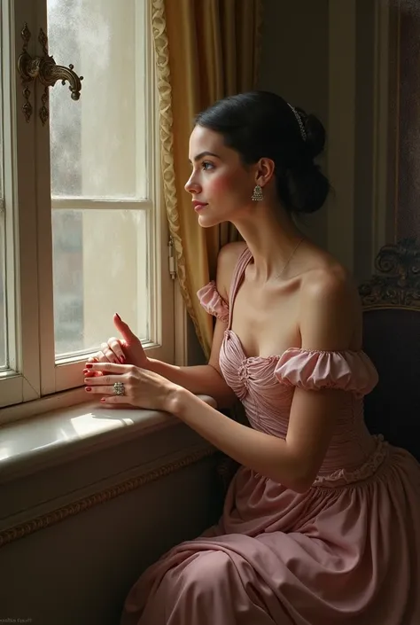 A highly detailed, realistic oil painting of an elegant woman painting her toenails, while looking out the window,, woman praying, Vadim Kashin. Ultra Photo Realism, Louise Ross, digital painting art, Perceptual digital painting, elegant digital painting, ...