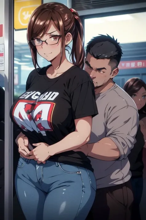 hyperrealistic anime,1woman,adult curvy female,at train,man with t-shirt standing behind woman,black hair,t-shirt,pants,medium straight hair,glasses,unkempt hair,modest woman,from behind and side,(man grabbing womans pants from behind:1.1),molested,groped,...