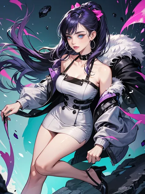 Naomi is a teenage girl with a medium build and a pale, purple-ish skin tone. She is slightly taller and physically bigger than her sister due to being slightly older than her. She has long, softly curled dark purple hair with streaks of magenta, teal, and...