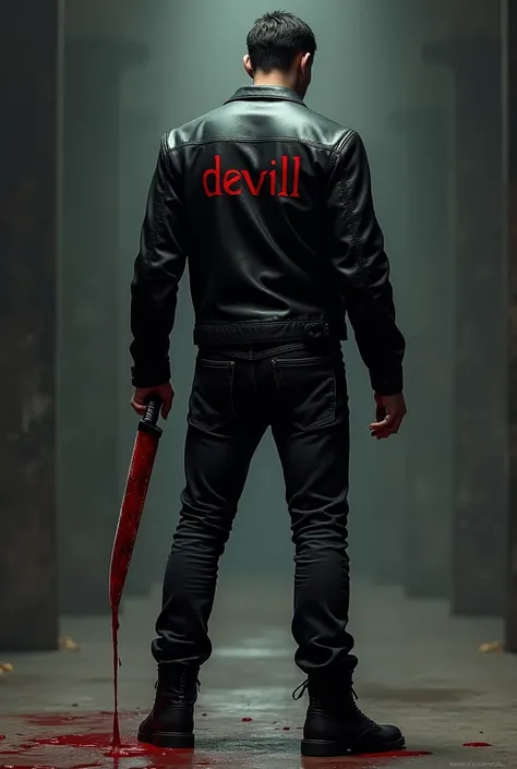 Create for me, a tall man with his back to, with short black hair, a leather jacket written "Devill" in dark red behind, a black pair of jeans, a black boot and a hand knife, squeezing blood 