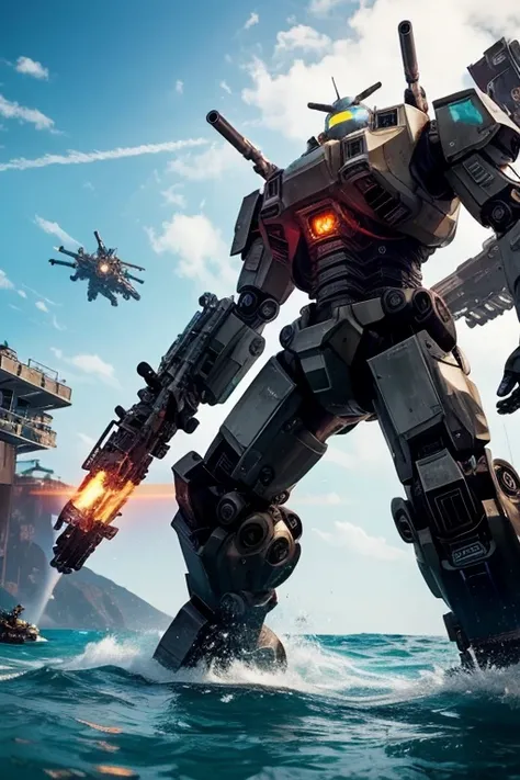 robot ,mech , Titanfall,with cannons and machine guns,mech gigante,in an ocean ,faced a category 5 kaiju,a giant chainsaw on his left arm 