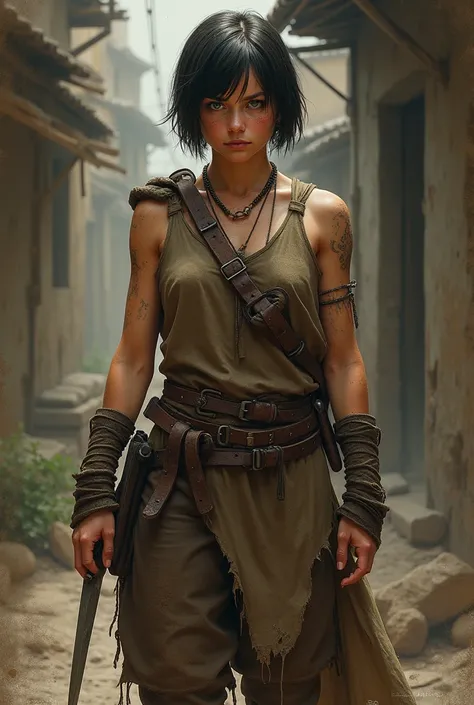 Young, woman, short hair, dressed as a man, warrior, brown clothes, torn clothes, pobres, dirty, knife, 20 years, green eyes, dark hair, brown skin, no cleavage