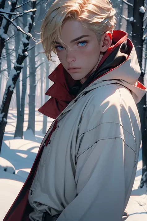 A young man with blond hair, light blue eyes, long eyelashes and freckles wearing a red hooded cloak, a black leather medieval assassins outfit and a dagger hanging from a scabbard, standing in a snowy forest, red fleur-de-lis, background (best quality,4k,...