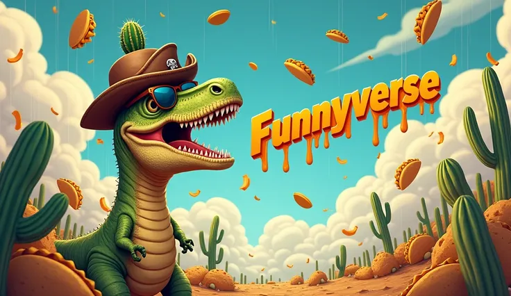 imagine a dinosaur head wearing sunglasses and a pirate hat, grinning while balancing a cactus on its head. In the background, tacos are raining from the sky for no reason. The name "Funnyverse" curves around the dinosaur’s head in a wavy, melting font, as...