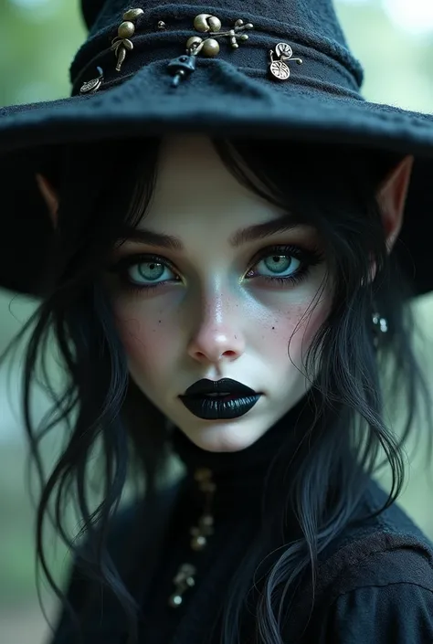 a pale fantasy elven goth wizard girl with beautiful detailed eyes,beautiful detailed lips,extremely detailed face,long eyelashes, running mascara, black lipstick, dark eyeshadow, wizard hat with dangling charms,medieval fantasy background,dramatic lightin...