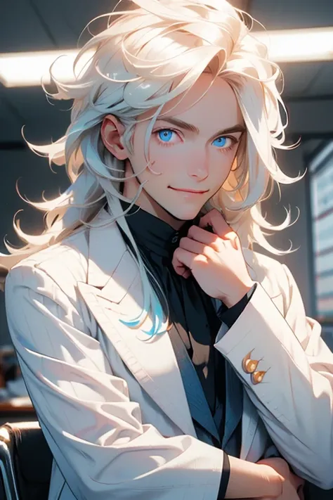 Perfect face. Perfect hands. A young white haired man with blue eyes and long hair in a white suit is smiling while passing out papers in the classroom