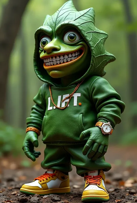 design a 3d character that is made out of backwood leafs stuffed with cannabis. the character smile glistens with diamond grilled teeth, rolex  on the hands and jordans on the feet. make l.i.f.t. visible on the hip hop clothing