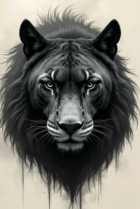 Create a sketch of an animal face using different animals, that is, a combination, I want the faces to be of a black panther, A Panda, a pitbull and a jaguar and that has lion hair and lion features