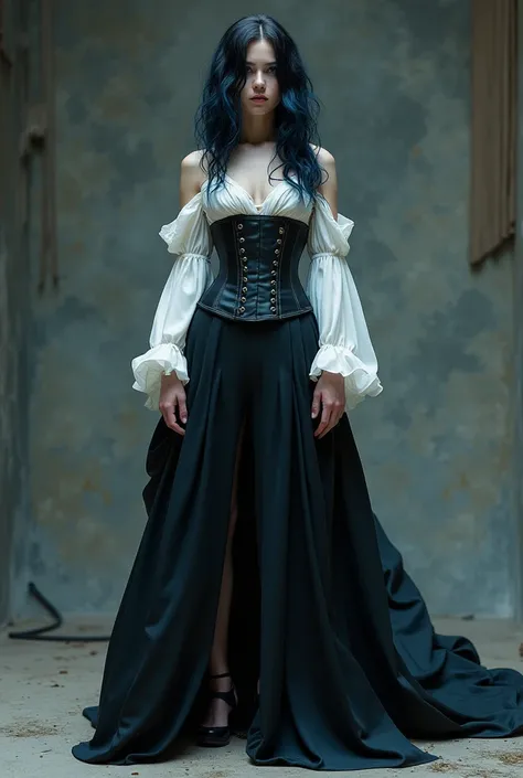 1 young man with very long, black wavy hair, with some blue highlights, 1 blouse with open shoulders and flares and 1 pair of pants and 1 skirt that is short in the front and very long in the back and put on a corset that is a bit serious and that is full ...