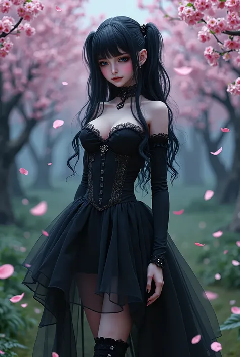 gothic teenager, gothic black dress, with black hair, with pigtails. giant neckline, 30 cm high. blue eyes. pale and white skin. big breasts and slim build. wavy hair in pigtails. full body image. short skirt. black stockings. high boots. garden background...