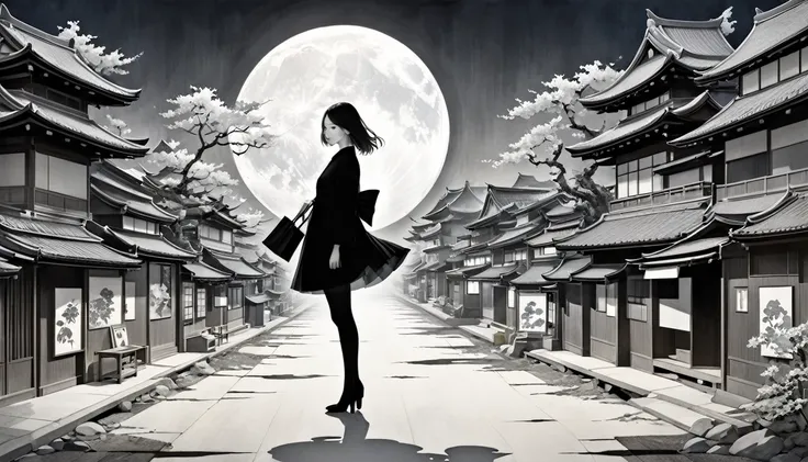 Monochrome, Pencil drawing,Ink Painting, login, Japanese painting, woodblock print, A fusion of watercolor and oil painting, A fusion of paper cutting and shadow art, Cool Beauty,  Full body depiction、full moon、Retro townscape、Light and shadow contrast, 2....