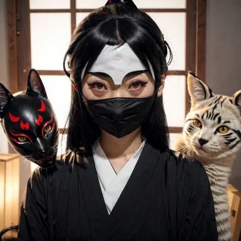 jukujo:1,a girl with black hair and black cat ears covering her face, with kitsune mask, realistic, photo-realistic, clear, professional lighting, masterpiece, best quality, japanese, 40-year-old