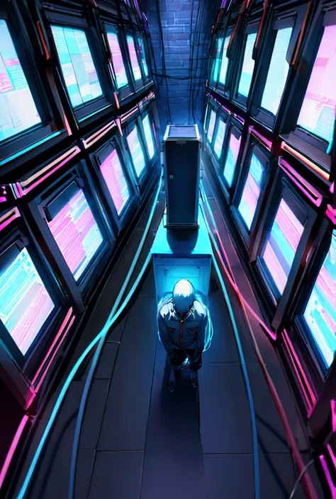 Kai arrives at the file room*, a room surrounded by servers and cables glowing with neon lights. He connects his device to copy the data about his wife&#39;s death.