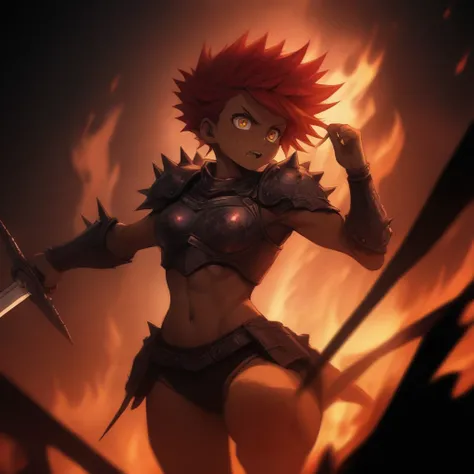 (masterpiece, best quality,dynamic angle,Dutch angle shot),cool girl,Short spiky hair, deep crimson color, fierce eyes, bright yellow, intense expression, tanned and scarred skin, athletic build, battle-worn armor, sword in hand, mid-air jump, surrounded b...