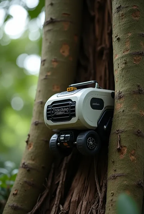 Create an image of a small electric machine on the trunk of a tree capable of collecting latex faster by making incisions in its bark better

