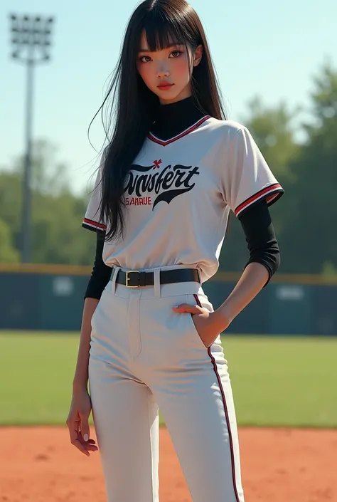 Une trop belle aux cheveux trés longs noir raide, frange courte avec deux meches encandrant le visage, piercing au sourcil droit, levre parfaite naturellement, peau blanche, asiatique, japonaise-russe, baseball, charismatique, mince, grande, 2d, sur le ter...