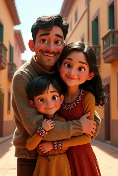 Family of 4 dad, mother and two children, hugging each other so that their full bodies can be seen, Pixar style, with typical clothing from Cusco, Peru 
