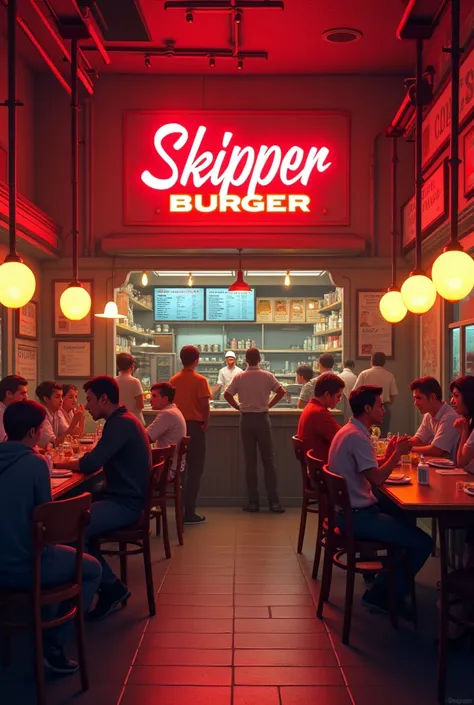 A burger joint with a lot of people, the small living room, The burger joint has an advertising sign written "skipper burguer"