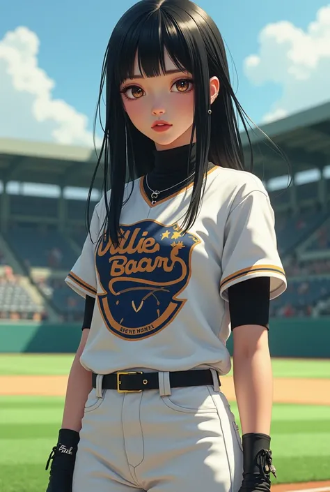 Une trop belle aux cheveux trés longs noir raide, frange courte avec deux meches encandrant le visage, piercing au sourcil droit, levre parfaite naturellement, peau blanche, asiatique, japonaise-russe, baseball, charismatique, mince, grande, 2d, sur le ter...