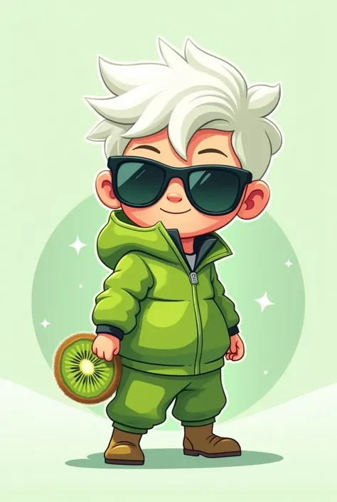 Create a logo of a character with white hair, sunglasses and green winter clothes that matches the name of kiwify 
