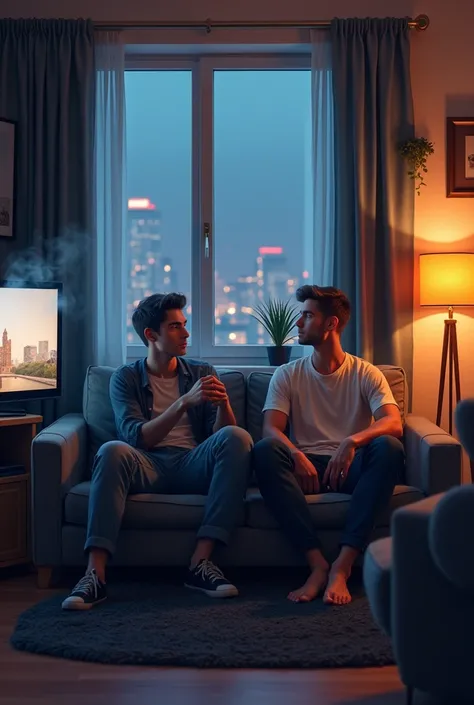 Send me a picture of two friends smoking, sitting on a sofa watching a TV, in the living room there is a large window that shows the city, in the living room there is a TV table, TV, black carpet, grey sofa, small living room. They are two young men of 2, ...