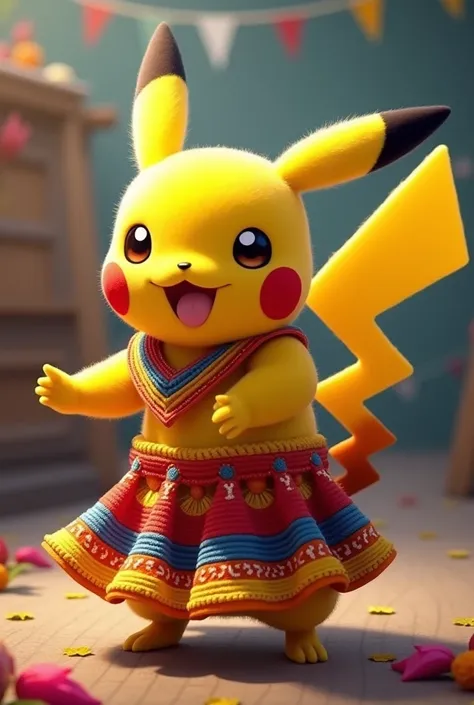 Pikachu in cumbia costume, the skirt with colors of colombia