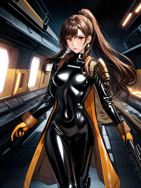 1girl, extremely long ponytail, brown hair, brown eyes, light brown skin, ((ochre and black latex bodysuit)), (black armor), ((extremely glossy)), cyberwear, earpiece, holding handguns, ((sci-fi pistols)), ((bayonets)), space background, starship interior
