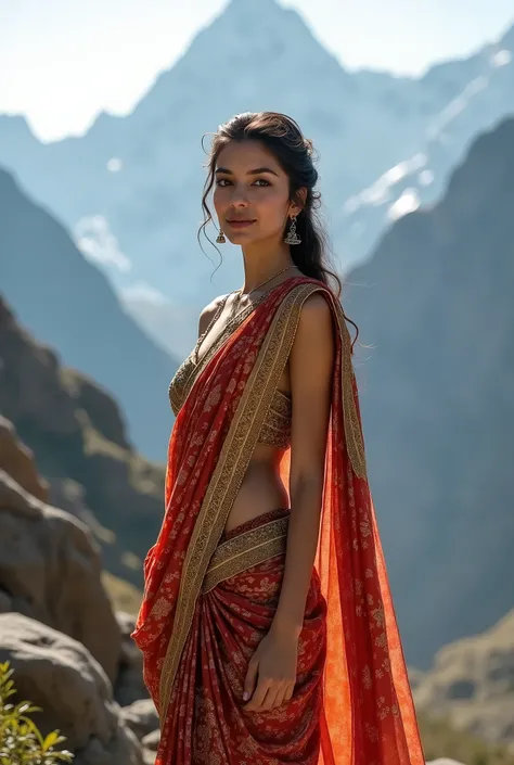 Beautiful Slim Pakistani Girl in sareeh in mountain background 